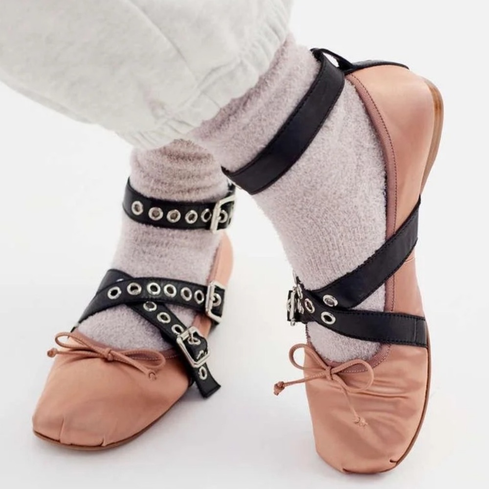 Jeffrey Campbell Choreo ballet flats in pink satin with black buckled straps. - Picture 4 of 16